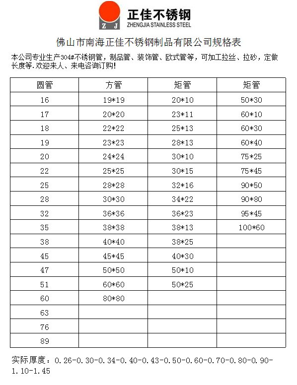 不锈钢装饰管材规格表